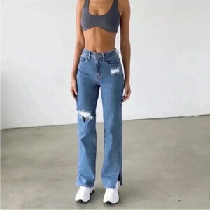 Dogma Denim Junior Size 11 High Rise Straight Leg Jeans Med Wash Split Hem NEW